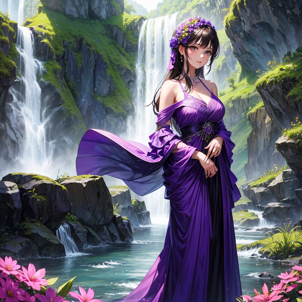 Make an image of a beautiful and pretty woman holding a purple flower, make her look beautiful and pretty, make the background a valley with a waterfall in the background, give a close up of the beautiful woman, she's wearing a long dress