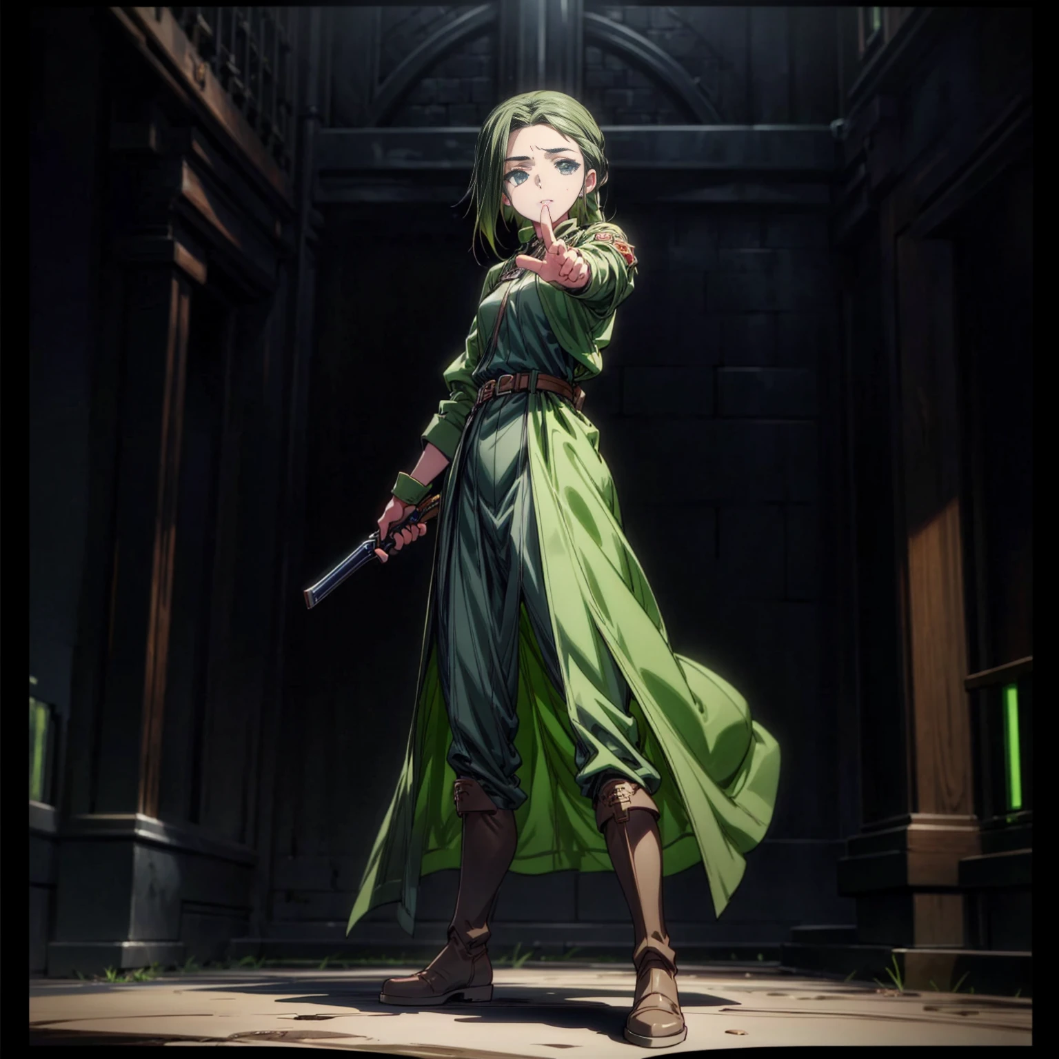1girl, Full body version, 1character, green eyes, long haircut, green color hair, soldier style clothing, black color clothing, brown boots, Grassroots, background in city street, motion blur, lighting, (detective conan style art), standing gesture, shotgun in hand