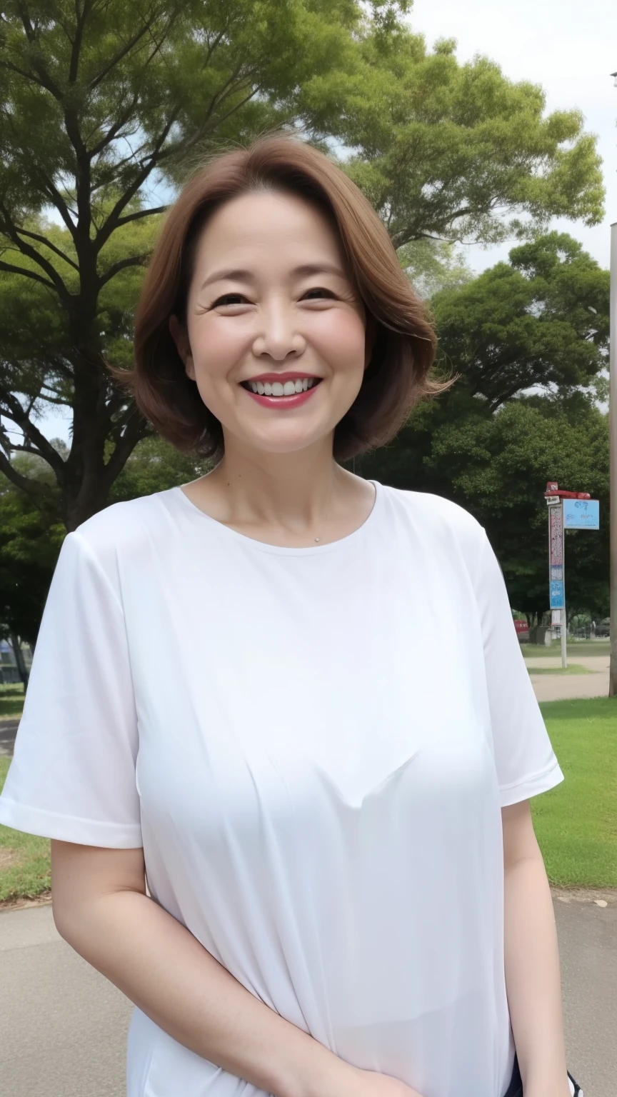 Standing in the park, Wrinkles around the eyes, Smiling with teeth showing, Plain short-sleeved clothing, senior citizen, Draw lips correctly, Red lipstick, No discomfort, 16K, Highest quality, Very detailed, Realistic, Very detailed肌, (Japanese), (alone), 100 years old, Large Breasts, , Glamour, sexy, Chromo White Skin, Staring straight ahead,