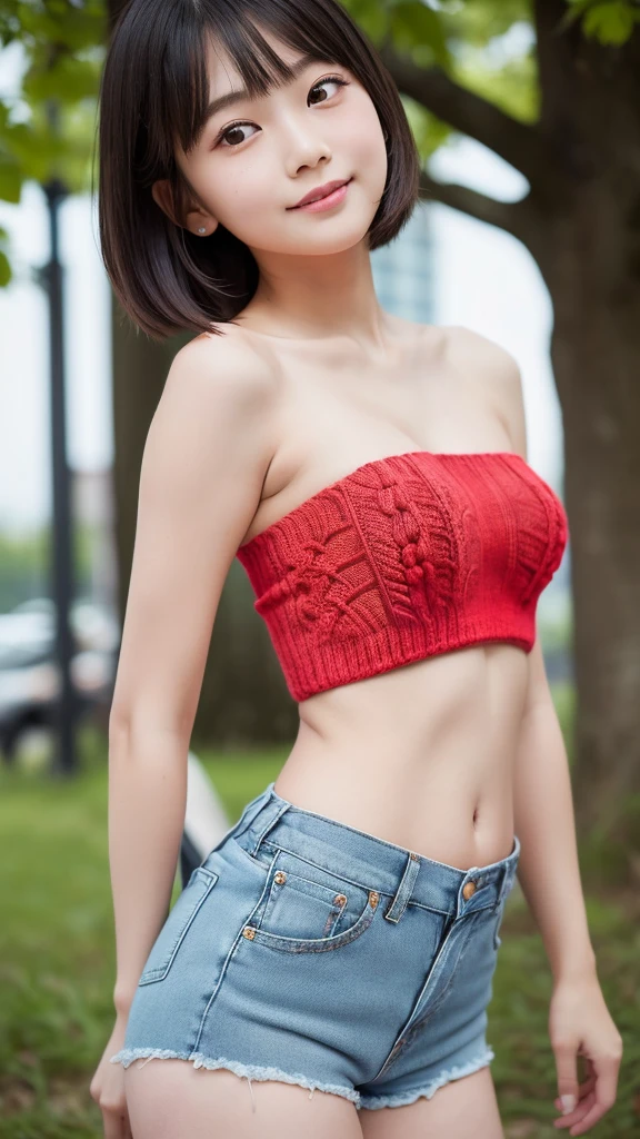 Close-up of a woman taking a photo、The most beautiful Japanese models、(8--old ale model:1.5)、(young、Round face、Kind Face:1.25)、Droopy eyes、double eyelid、(bangs、Black Hair、short hair、Straight hair)、(Surprised expression、A little embarrassed expression:1.2)、smile、Red cheekouth open、Open your mouth、No makeup、(Knitted Products、Tube top:1.5)、(Super cute idol face:1.4)、(Slim Beauty、、flat、length, thin首、Narrow shoulders、Small shoulders、thin腕、thinお腹、delicate、flat体)、(Navel exposure:1.2)、Waistline、sexy、Modest chest、Beautiful breasts、Shining Breasts、Cleavage、(Micro Shorts:1.5)、(super short shorts:1.2)、thin、thin生地、Shorts that look like pants、Jeans Material、Distressed jeans、Low waist、Pulled down pants、buttocks stick out、Face Focus、Gazing at the audience、hot gaze、(RAW Photos、Highest quality、masterpiece、Ultra-high resolution、Ultra-high resolution、8k、Genuine)、Field、Good weather、Daytime、nature、
