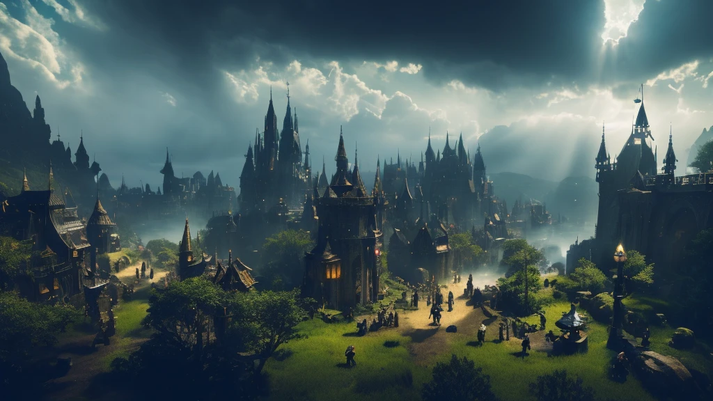 a group of rpg adventurers hunting a fantastical medieval creature, rpg, 4k, cinematic, frame, trailer, film, highly detailed, intricate, epic scale, dramatic lighting, dynamic pose, photorealistic, lush environment, fantasy elements, medieval architecture, rich colors, volumetric fog, dramatic shadows, cinematic angle, heroic characters, sense of wonder, immersive atmosphere, cinematic composition