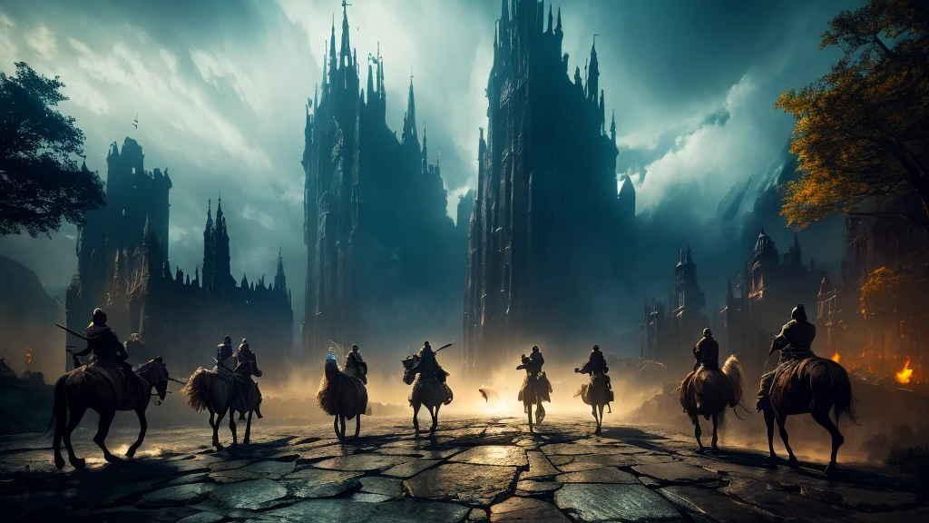 a group of rpg adventurers hunting a fantastical medieval creature, rpg, 4k, cinematic, frame, trailer, film, highly detailed, intricate, epic scale, dramatic lighting, dynamic pose, photorealistic, lush environment, fantasy elements, medieval architecture, rich colors, volumetric fog, dramatic shadows, cinematic angle, heroic characters, sense of wonder, immersive atmosphere, cinematic composition