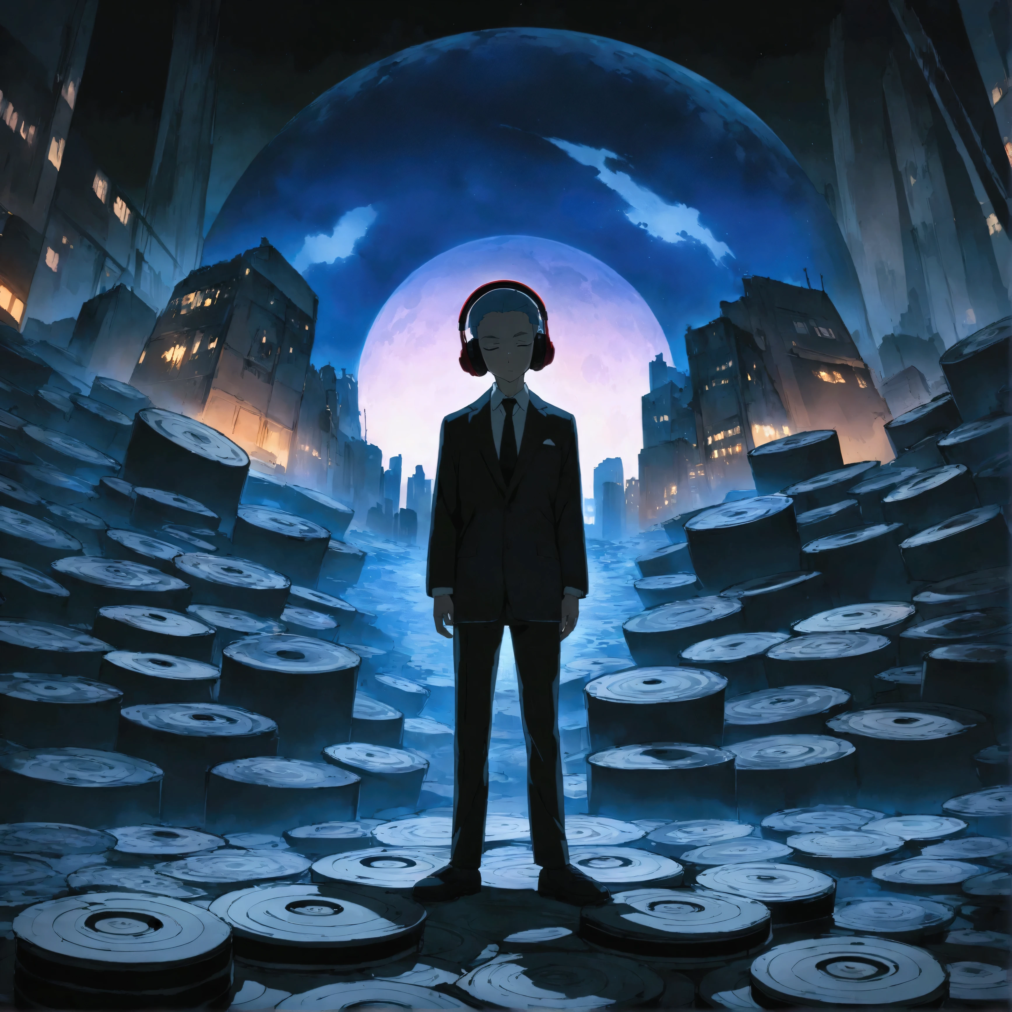 A boy wearing headphones and listening to music while wearing a suit, very detailed, Modern buildings stand tall, night scenery, 2d, (Shooting from a distance), old cartoons, (Lots of records: 1.3), (masterpiece, very high quality, very high quality, official art, beautifully, aesthetic: 1.2), (very detailed, (fractal art: 1.4 ), etc, (memo: 1.4), (lo-fi hip hop), old animation texture, alone, Speaker, front view figure, city pop
