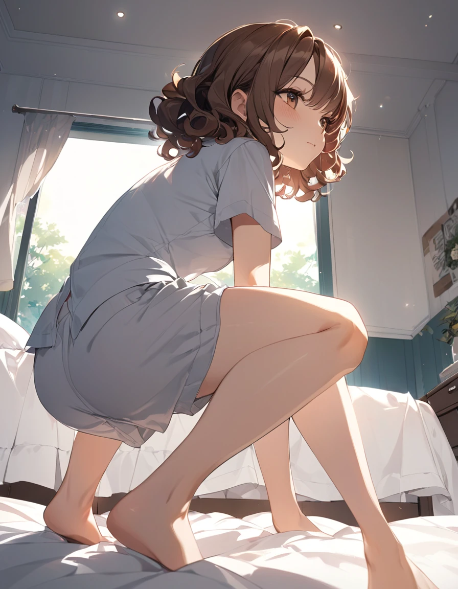 (Top quality illustrations:1.2), (pretty girl:1.1), (1 girl、), (1 girl)、Small breasts、Brown Hair、short hair、Wavy Hair、Curly Hair、Low Twintails,  {Plain pajamas、Short sleeve、 Shorts},  Cowboy Shot、Bedroom、On the bed, On all fours, from behind, hip focus, looking around, from below
