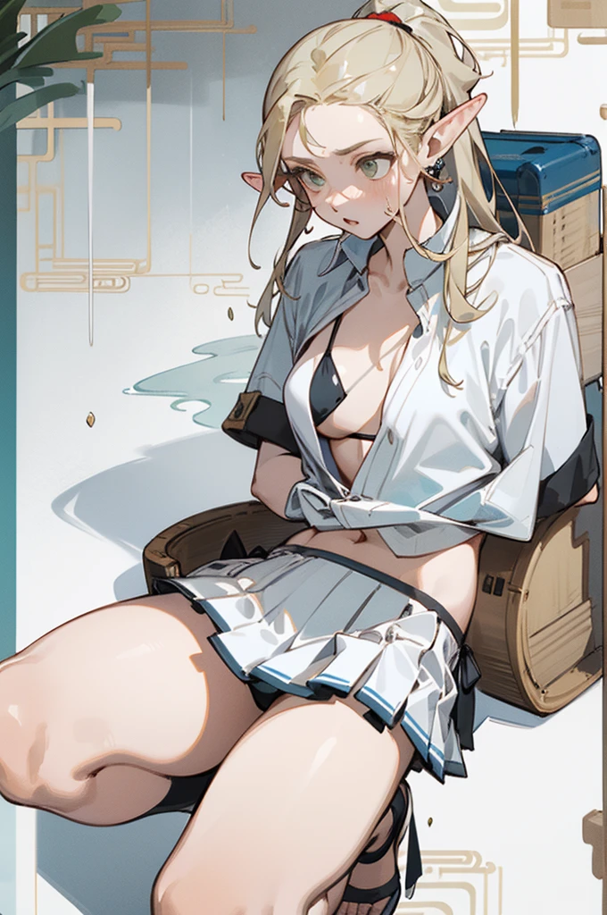 (masterpiece, best quality) detailed,silver accessories , blonde ,elegant, pointed ears ，Chinese element pattern，White shirt，bikini，pleated skirt，Leaking thighs