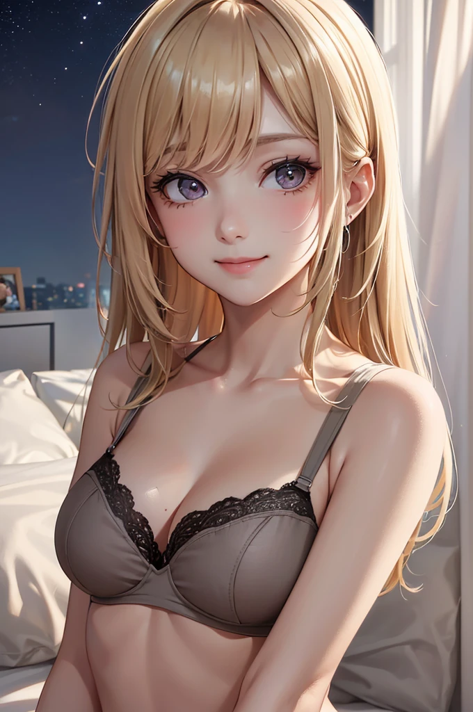 Best Quality,High resolution,8k,finelity detailed background,Masterpiece:1.2),beautiful girl,Glossy blonde,crossed bangs,Khaki Eyes,Gentle look,A refreshing look,smile,Best quality,Best Quality,Aesthetic and aesthetic:1.2,Best details((Super detailed))(High-definition CG illustrations),Upper Body,Dark grey underwear, (dark gray),Slender body,night,moon,Bedroom,On the bed,smile,blush,cute,Scrounge,Looking up,Being spoiled,super model,wariza,shoot from,below