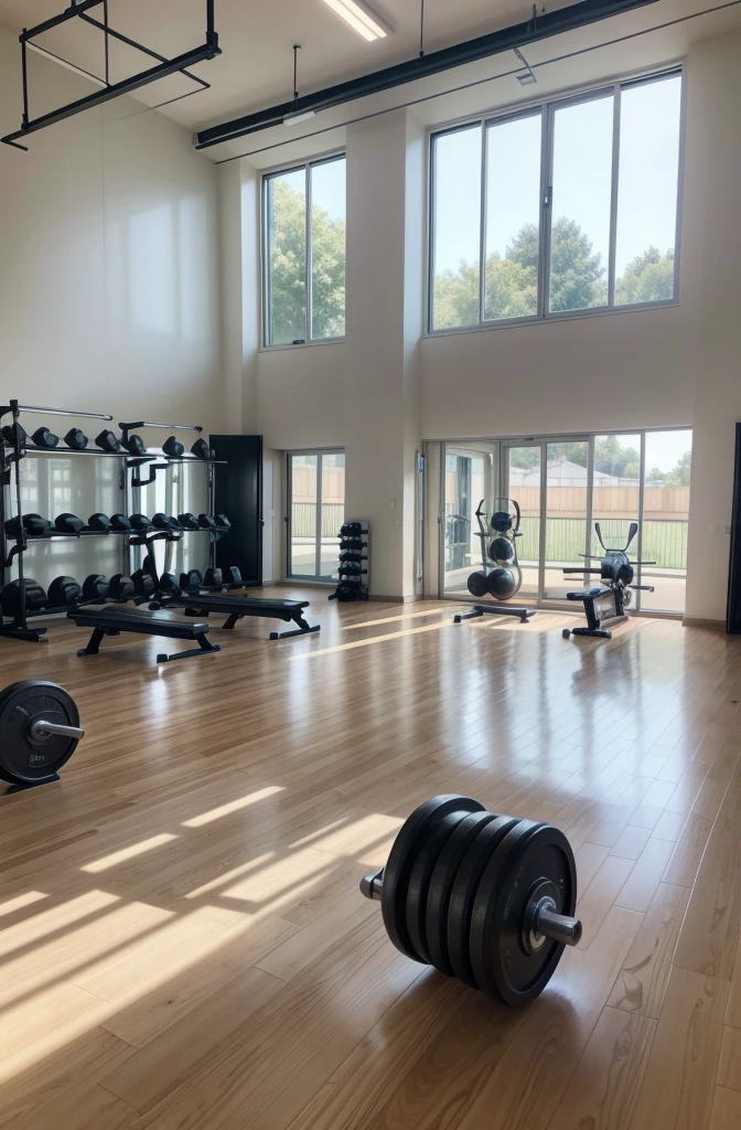 Create a realistic image of a modern, well-lit gym, withouth People. A gym must include weight training equipment, like dumbbells, weight machines and treadmills. Walls must be painted in neutral colors, with large windows that allow natural light to enter. Include details like mirrors on the walls, a wooden or rubber floor, and a stretching area with mats The atmosphere must be clean, organized and inviting, conveying the feeling of an ideal space for exercise