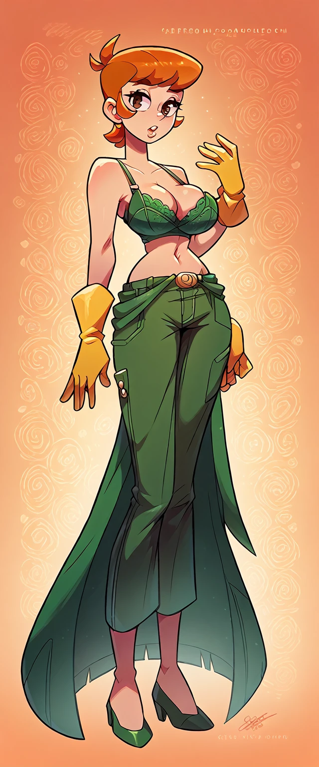 A sexy woman, sensual, beautiful beauty, big breast, short orange hair, squares her brown eye, wearing a green bra and dark green metallic pants, green heels, and a yellow glove.