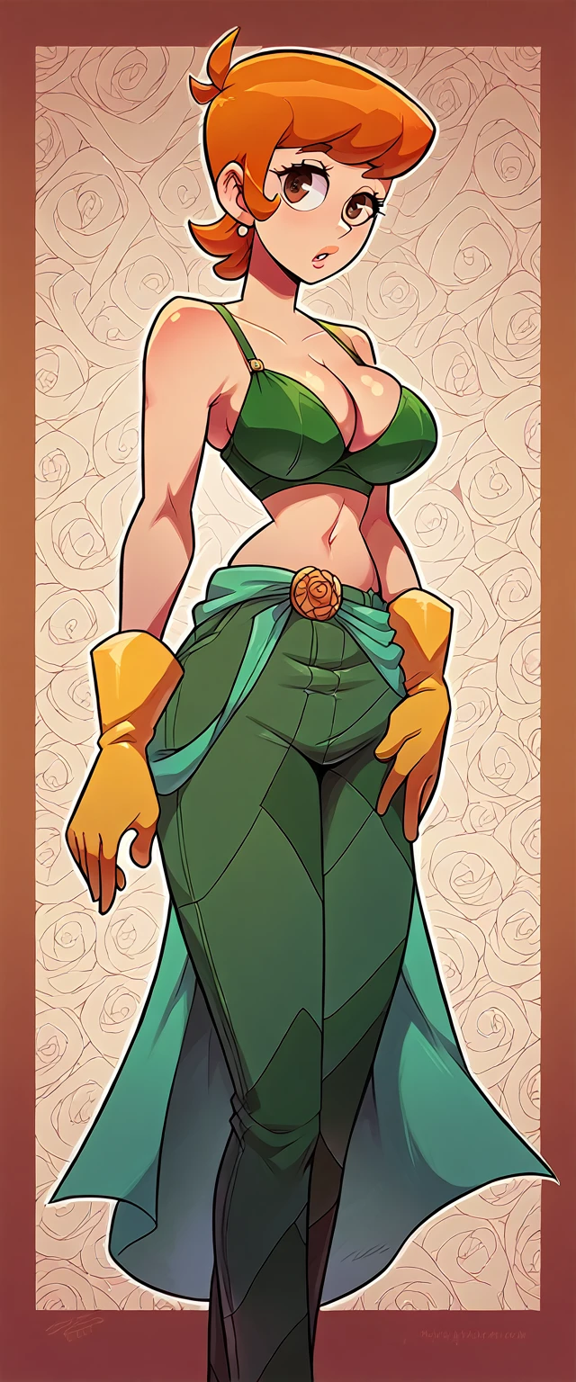 A sexy woman, sensual, beautiful beauty, big breast, short orange hair, squares her brown eye, wearing a green bra and dark green metallic pants, green heels, and a yellow glove.