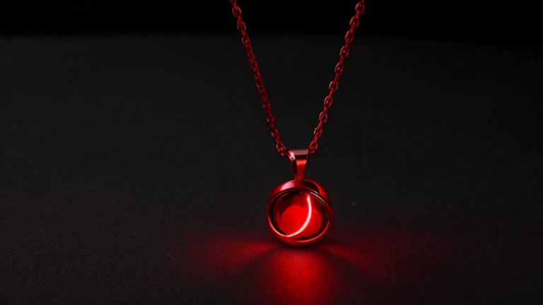 red necklace, metal, fantasy, red glowing effect, epic, dark gray background