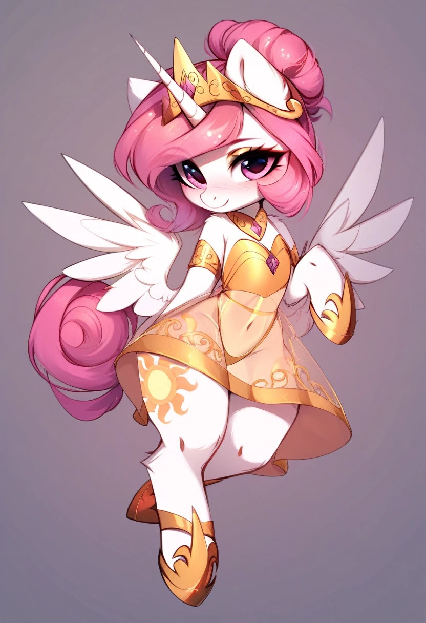 check_9, check_8_up, check_7_up, source_fluffy, rating_safe, from Magnaluna, Celestia poses seductively in a white bedroom, dark pink mane with gold stripes in it, hair bun with bangs, pink eyes, white body, thick thighs, anthro, blushing, wearing peach colored see through dress, full body