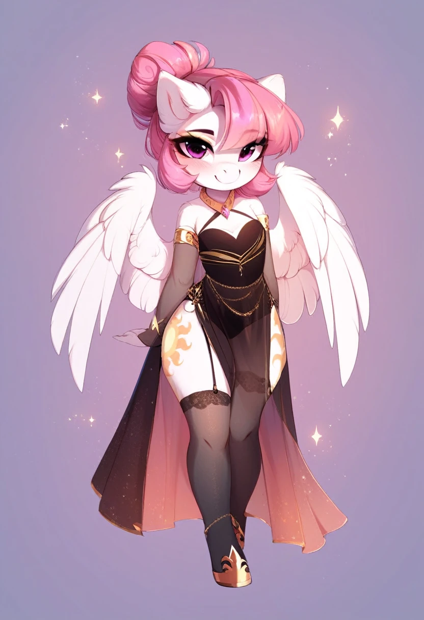 check_9, check_8_up, check_7_up, source_fluffy, rating_safe, from Magnaluna, Celestia poses seductively in a white bedroom, dark pink mane with gold stripes in it, hair bun with bangs, pink eyes, white body, thick thighs, anthro, blushing, wearing peach colored see through dress, full body