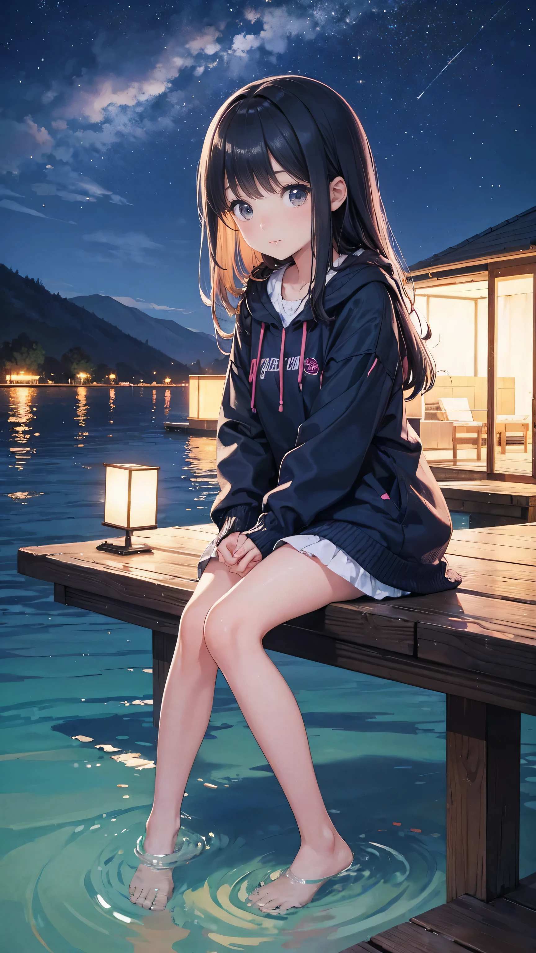 A very cute 11-year-old girl. She came to the lake and is playing by the sea at night.