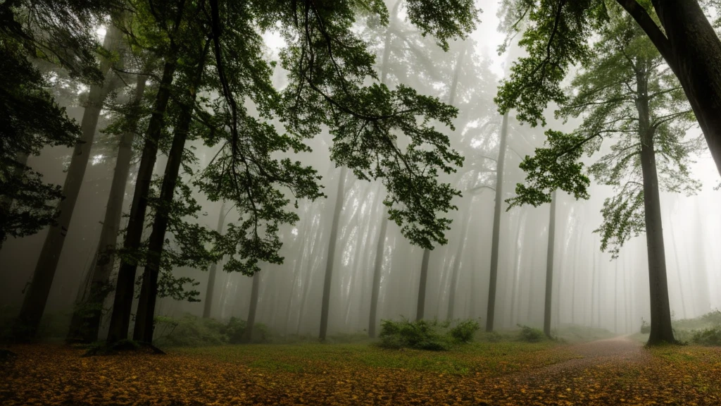 Create a close-up image of a forest during a storm, with strong winds blowing many leaves and branches through the air. The lighting should be dim, typical of stormy weather, creating a dark and intense atmosphere.