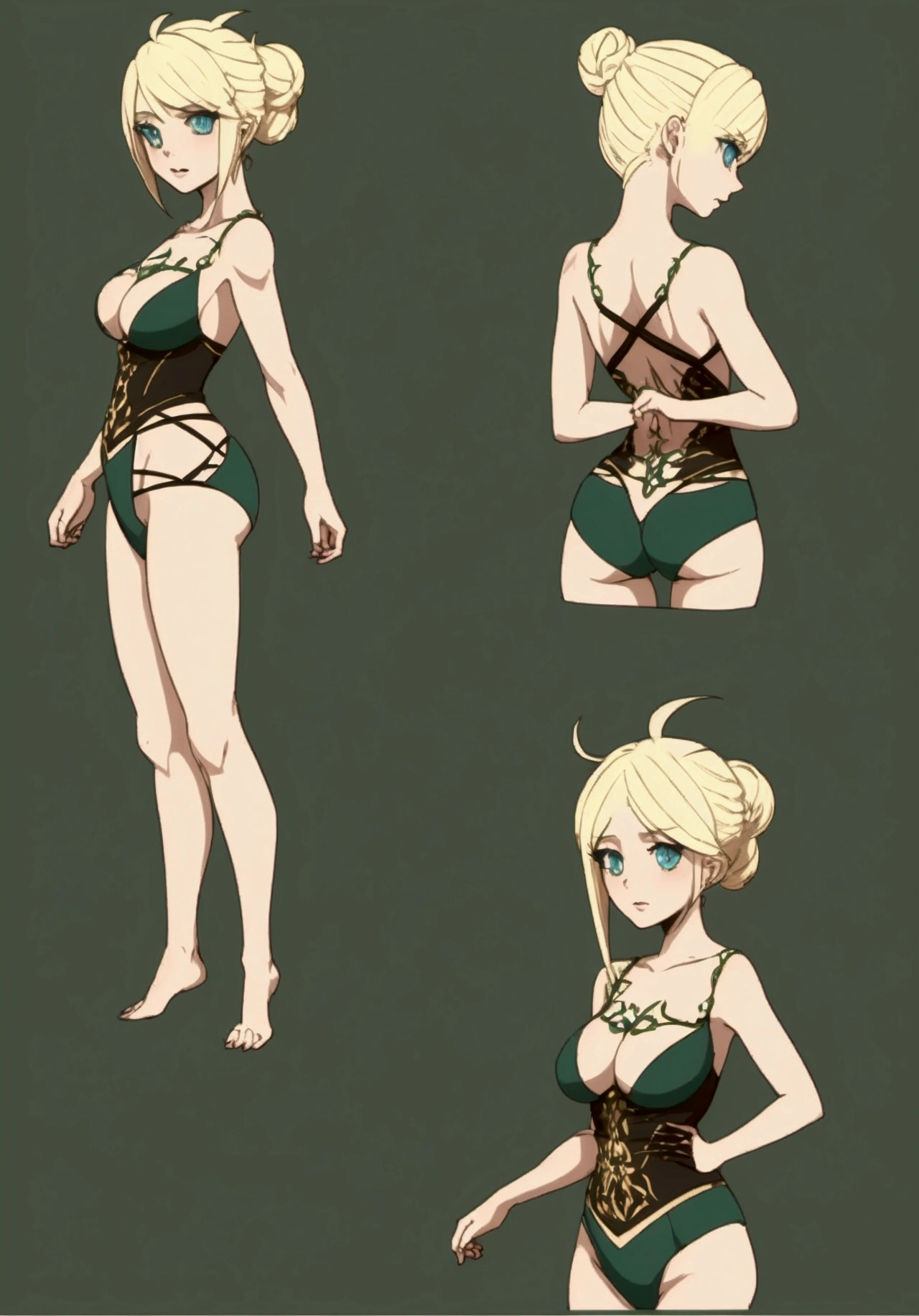 blonde woman, hair up to the shoulders, blue-green eyes (Standing pose, character sheet, different angles)