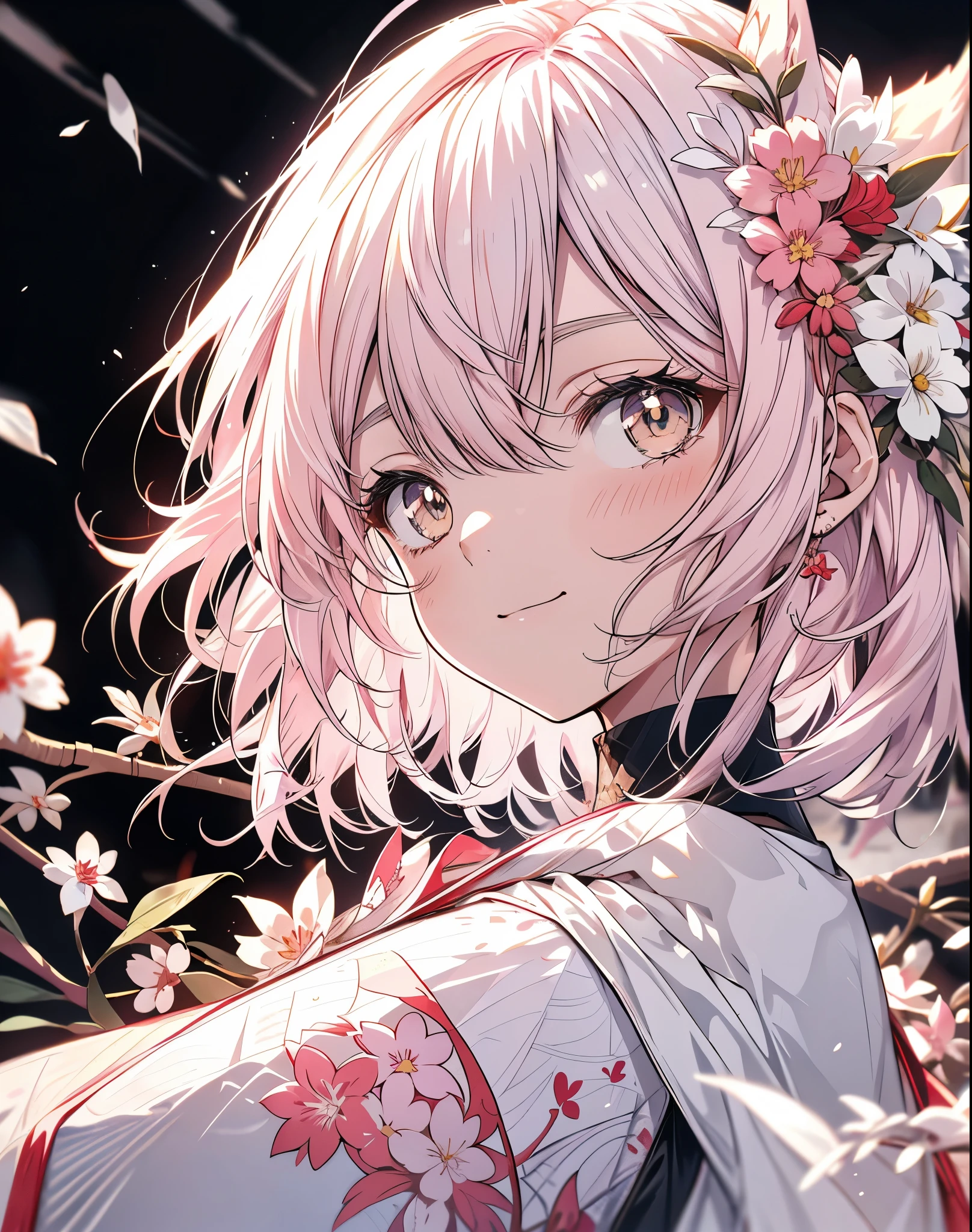 Fullfigure, Laying against a flowered sakura tree (White background:1.4),(White dirt road, Oriental elements),(Nature Illustration Spring:1.3,paper art:1.3, Quilted Paper Art:1.2),( Reasonable design, Clear lines, High Sharpness,Best Quality, Very detailed, masutepiece, Movie Light Effects, 4K )Girl Facing Left, very light pink hair long. (Small Neko ears); (Fox tail). She Is smiling .