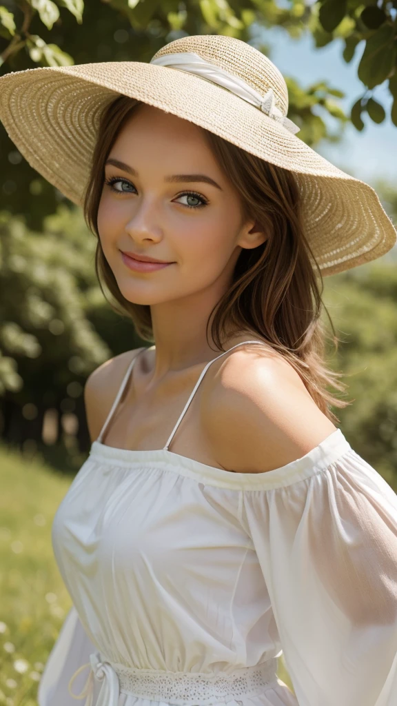 Créer une photo réaliste d’une fille pour une campagne publicitaire de mode. La fille doit avoir environ 18-25 ans, avec des cheveux longs bruns, des yeux verts, une peau claire, et une taille moyenne. Elle doit porter une robe d’été légère de couleur blanche, avec des motifs floraux. Elle porte également un chapeau de paille et des sandales. Elle doit avoir un sourire chaleureux, avec une posture détendue, debout dans un champ de lavande en pleine floraison. La photo doit être prise en plein jour, avec un ciel bleu clair en arrière-plan. L’image doit être de haute résolution et d’un réalisme photographique, avec des détails précis et des couleurs vives.
