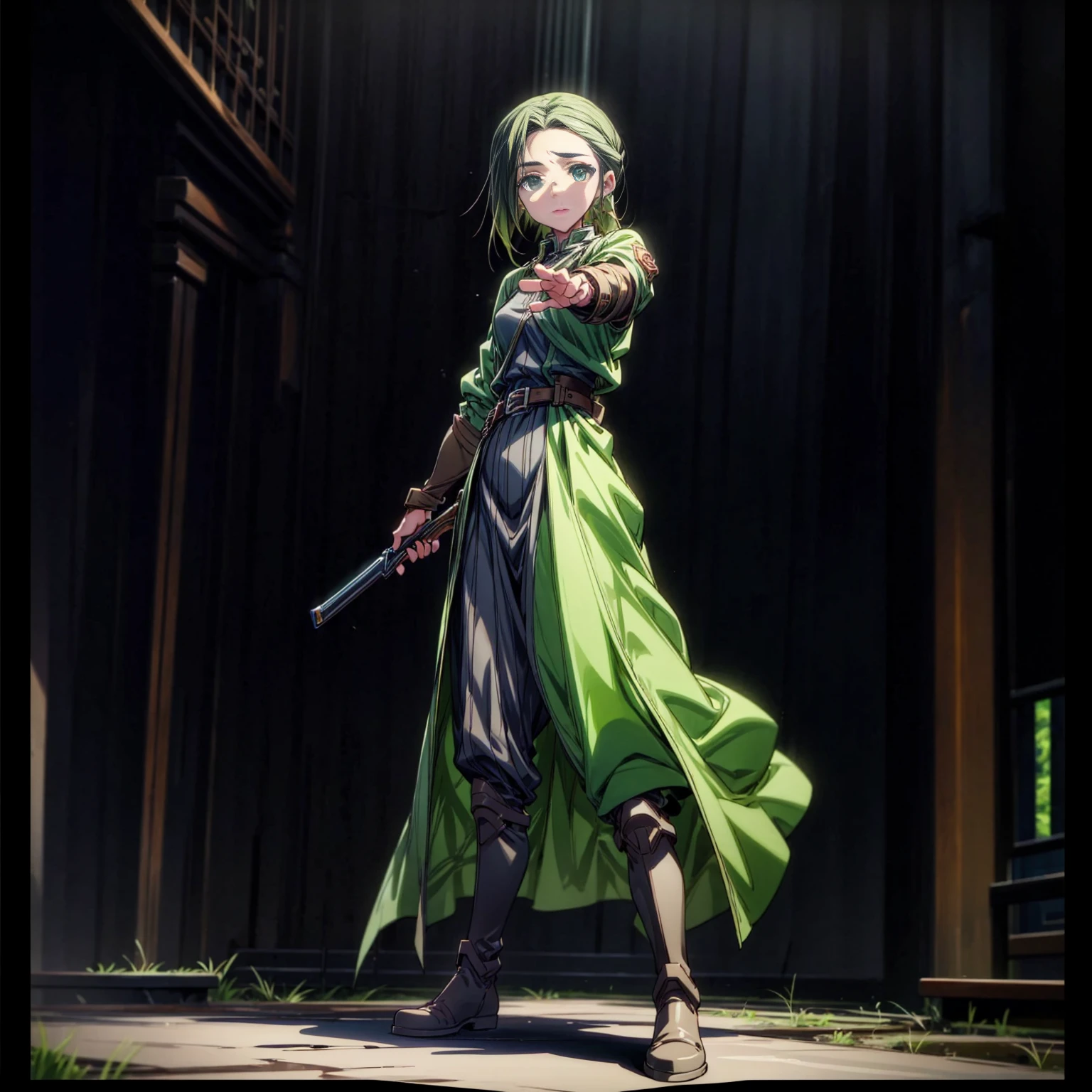 1girl, Full body version, 1character, green eyes, long haircut, green color hair, soldier style clothing, black color clothing, brown boots, Grassroots, background in city street, motion blur, lighting, (detective conan style art), standing gesture, shotgun in hand 