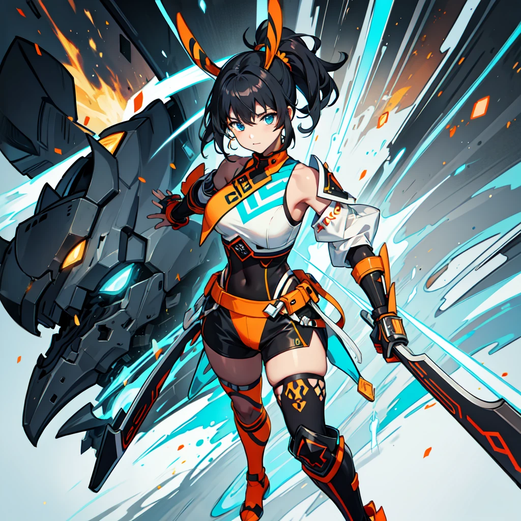 (((One character))), Female, (((Dark Skin)))), Black Hair with Ponytail, Light Blue Eyes, Round Glasses with a Little Dark Lens with this Lens being Orange, and the Light Blue Color frame, (((Black Metallic Gauntlets and Greaves with Orange and Silver Highlights)), (((The Clothes Have a Mix of Modern and Tribal)))), Having Mostly Black Color, but having Orange Parts, Shoulders on Display, On the Hip a Shorts extending to Half of the Thigh of black color.