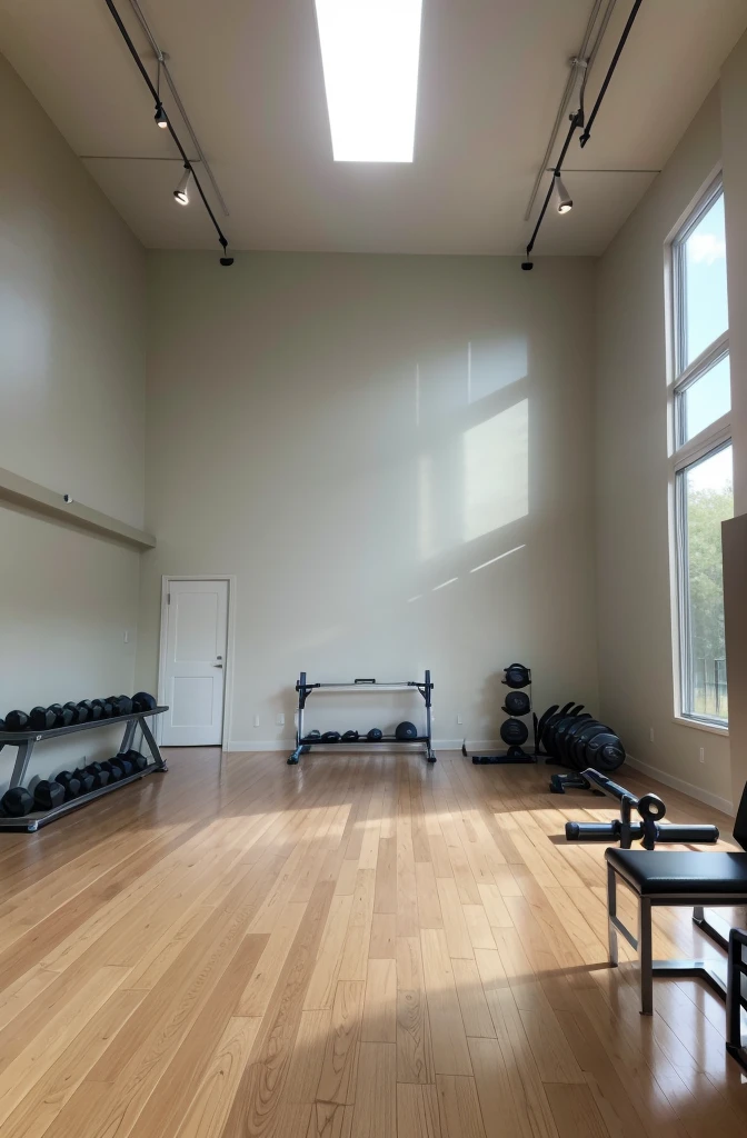 Create a realistic image of a modern, well-lit gym, withouth People. A gym must include weight training equipment, like dumbbells, weight machines and treadmills. Walls must be painted in neutral colors, with large windows that allow natural light to enter. Include details like mirrors on the walls, a wooden or rubber floor, and a stretching area with mats The atmosphere must be clean, organized and inviting, conveying the feeling of an ideal space for exercise. Focus on parts where there is multiple equipment