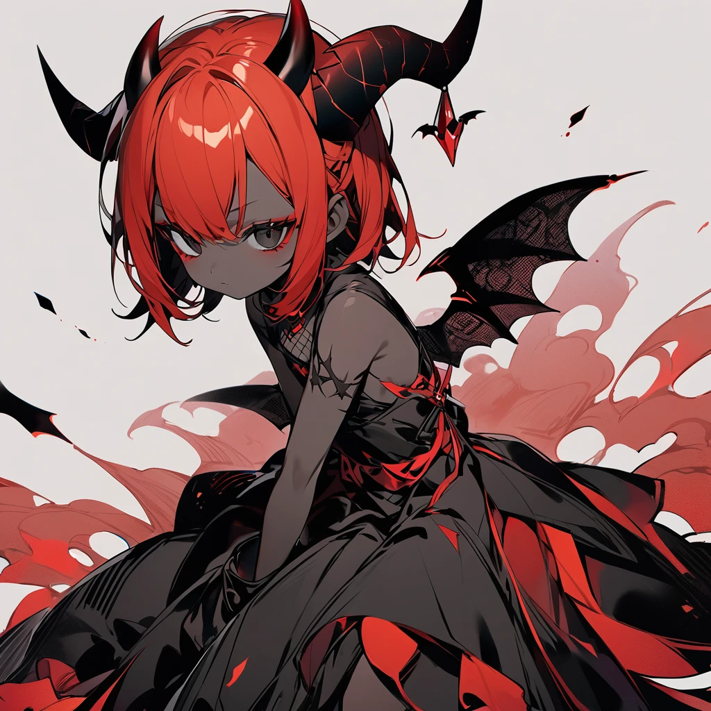 A small girl with short red hair. Black eyes. She is a devil, thus having two black horns. She has black skin color, slightly reminiscent of brown. She wears a black dress. She has a large scar on her right arm.