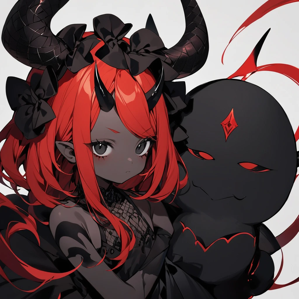 A small girl with short red hair. Black eyes. She is a devil, thus having two black horns. She has black skin color, slightly reminiscent of brown. She wears a black dress. She has a large scar on her right arm.