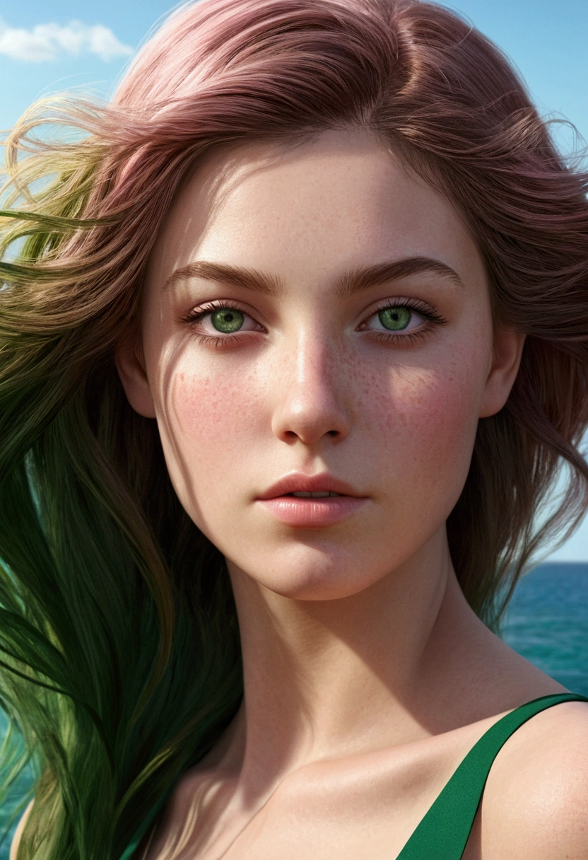 Creates an ultra realistic image of a perfect 25 year old woman . Metis skin,   Elle doit avoir des cheveux ROSE brillants et des yeux VERT, by the sea under the sun 