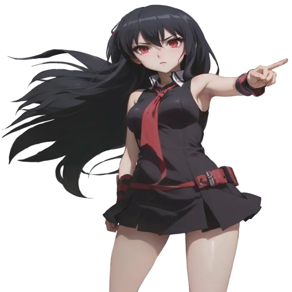 uma mulher de vestido blackw apontando para algo, akane owari danganronpa, gamoe yandere grimdark, by Jin Homura, anime moe art style, inspired by Jin Homura, female action anime girl, blackw, gamoe yandere, attractive matoi ryuko, Ryuko Matoi, garota de anime usando um vestido blackw
