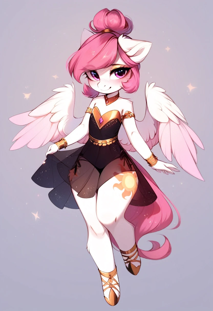 check_9, check_8_up, check_7_up, source_fluffy, rating_safe, from Magnaluna, Celestia poses seductively in a white bedroom, dark pink mane with gold stripes in it, hair bun with bangs, pink eyes, white body, thick thighs, anthro, blushing, wearing peach colored see through dress, full body
