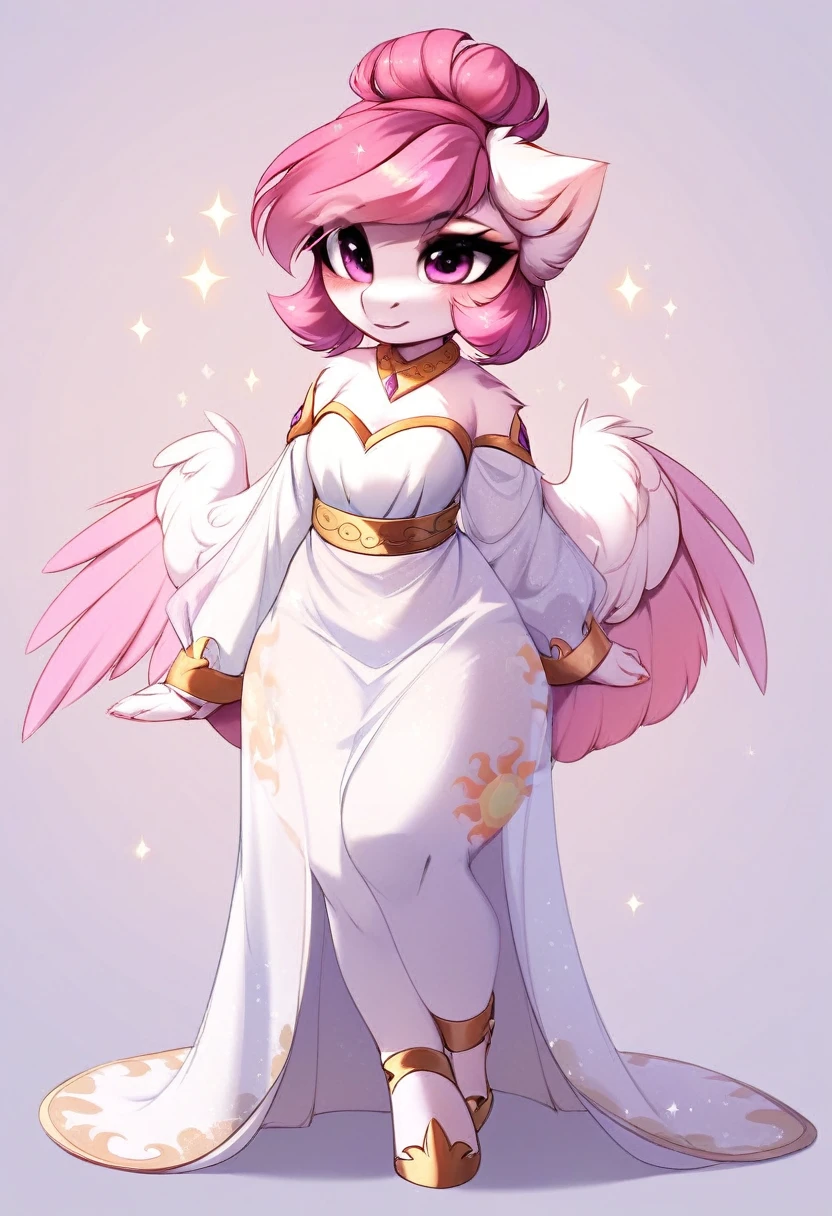 check_9, check_8_up, check_7_up, source_fluffy, rating_safe, from Magnaluna, Celestia poses seductively in a white bedroom, dark pink mane with gold stripes in it, hair bun with bangs, pink eyes, white body, thick thighs, anthro, blushing, wearing peach colored see through dress, full body