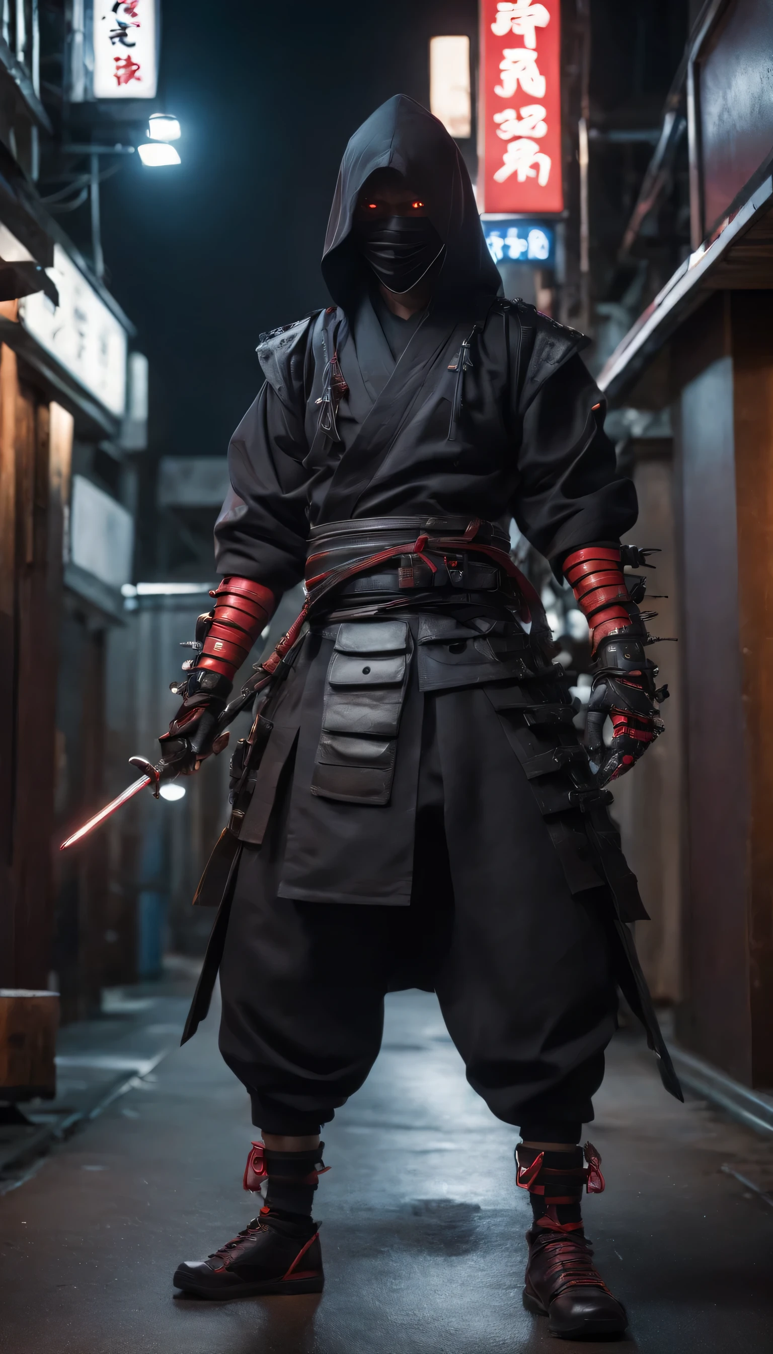 ninja shinobi cyberpunk robot cyborg .big thighs.Wallking street
two samurais walking down a street at night, yasuke.Ninja wearing conical hat. shinobi Cyborg. Red eyes, devil mask, rain. Dark night. Equipped with Sword on back. Katana on back. Robot. gears. screws. lights. wires on back. Arresting monsters in alleys.real. tokyo. UE5 CGI