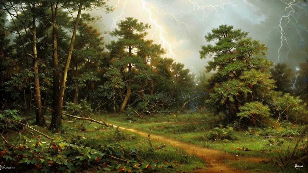 Create a close-up image of a forest during a storm, with strong winds blowing many leaves and branches through the air. The lighting should be dim, typical of stormy weather, creating a dark and intense atmosphere.