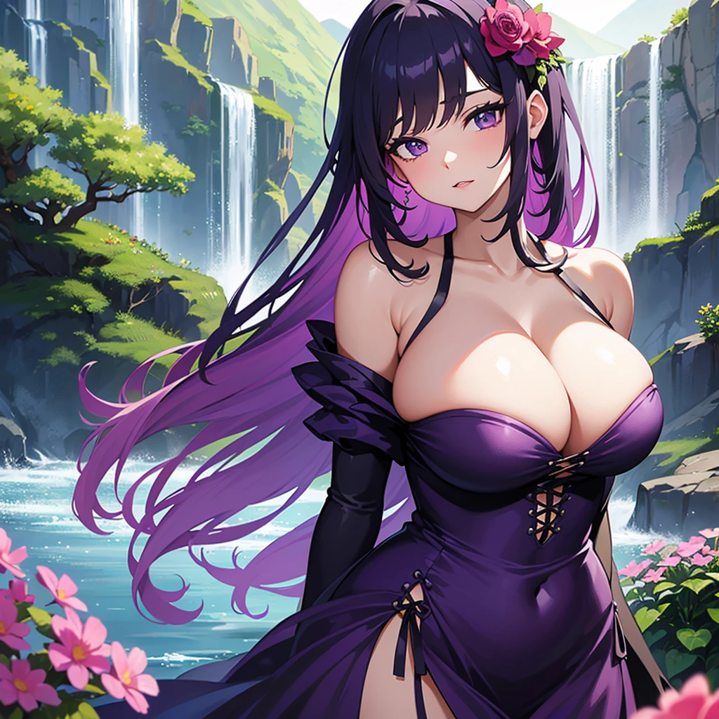 Make an image of a beautiful and pretty woman holding a purple flower, make her look beautiful and pretty, make the background a valley with a waterfall in the background, give a close up of the beautiful woman, make her look hotter and increase her chest size, make her look sexy and attractive, she's a perv 