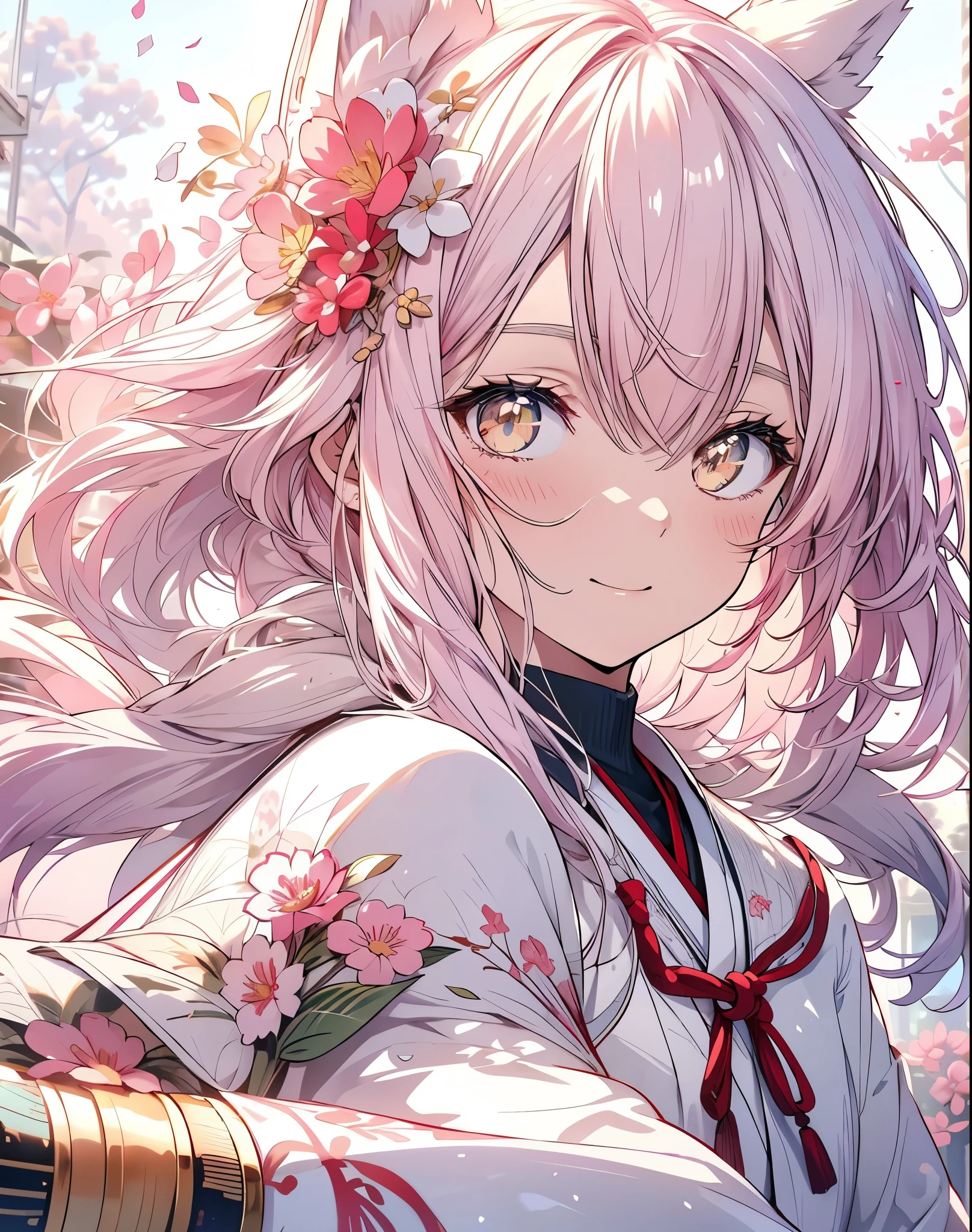 Fullfigure, Laying against a flowered sakura tree (White background:1.4),(White dirt road, Oriental elements),(Nature Illustration Spring:1.3,paper art:1.3, Quilted Paper Art:1.2),( Reasonable design, Clear lines, High Sharpness,Best Quality, Very detailed, masutepiece, Movie Light Effects, 4K )Girl Facing Left, very light pink hair long. (Small Neko ears); (Fox tail). She Is smiling .