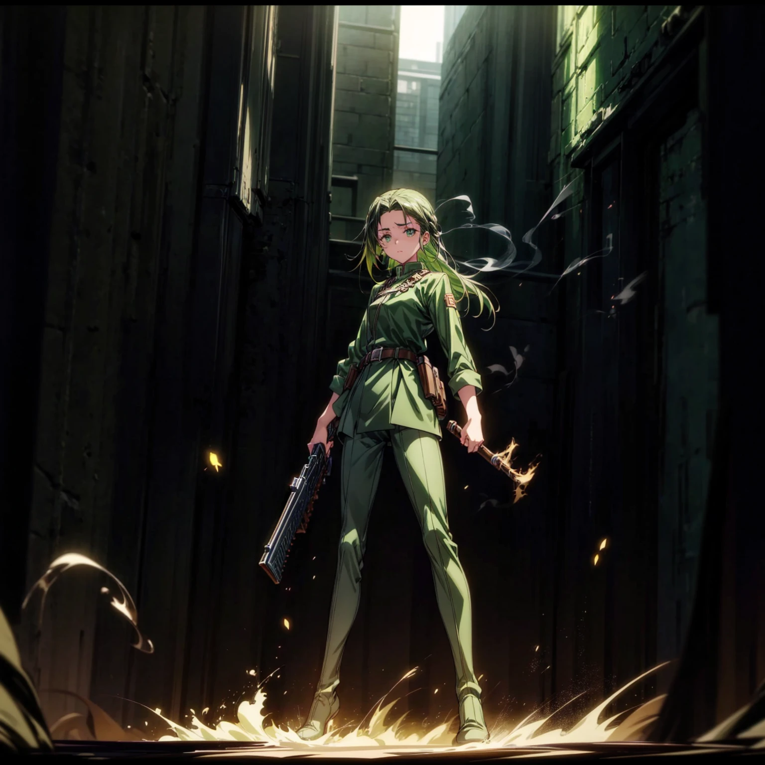 1girl, Full body version, 1character, green eyes, long haircut, green color hair, soldier style clothing, black color clothing, brown boots, Grassroots, background in city street, motion blur, lighting, (detective conan style art), standing gesture, shotgun in hand, fire effect, smoke effect,
