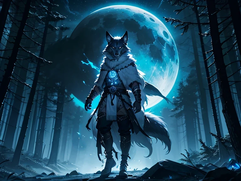 a young, humanoid wolf, tribal clothing, male, light fog, liminal space, surrounded by ghastly woods, raging vortex of blue flames, moon shining above