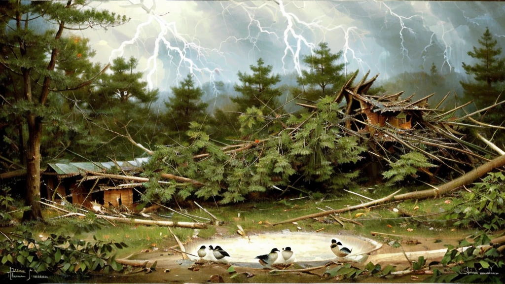 Create a close-up image of a forest during a severe storm, with broken branches and leaves being blown away by strong winds. In the center of the image, also in close-up, depict a nest with a mother bird calmly sitting over her chicks, conveying a sense of peace and tranquility amidst the chaos of the storm. The scene should clearly illustrate the concept of "Peace in the Midst of Chaos," showing the contrast between the violent storm and the calmness of the nest.