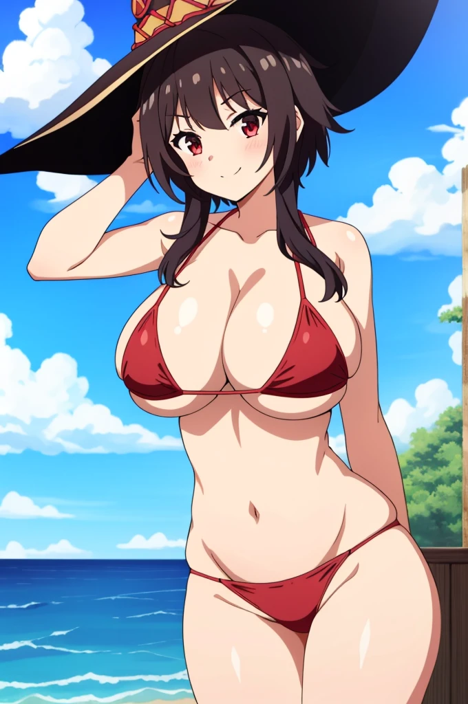 (masterpiece, best quality),  intricate details,
1girl,  megumin, short hair, hat, witch hat
 1girl, solo, breasts, looking_at_viewer, smile, large_breasts, cleavage, bare_shoulders, collarbone, standing, hands behind head, thick thighs, thong underwear, from_below, breasts, large breasts, big breasts, huge breasts, big tits, giant breasts, small bikini, bikini, red bikini, bare shoulders, bare arms, beach, ocean, underboob, island background