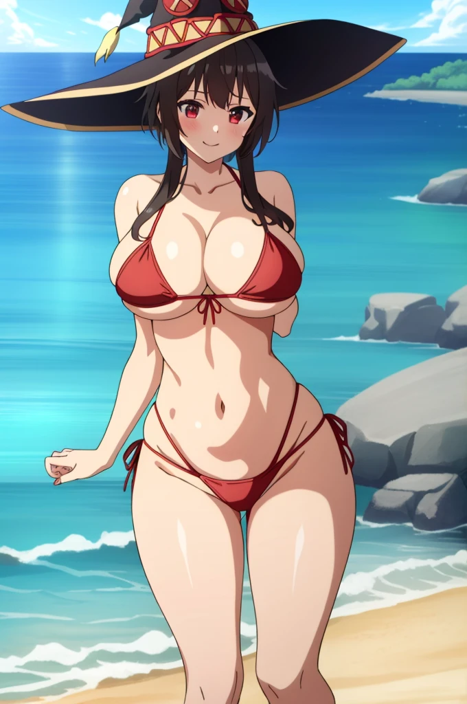 (masterpiece, best quality), intricate details,
1girl, megumin, short hair, hat, witch hat
1girl, solo, breasts, looking_at_viewer, smile, large_breasts, cleavage, bare_shoulders, collarbone, standing, hands behind head, thick thighs, thong underwear, from_below, breasts, large breasts, big breasts, huge breasts, big tits, giant breasts, small bikini, bikini, red bikini, bare shoulders, bare arms, beach, ocean, underboob, island background