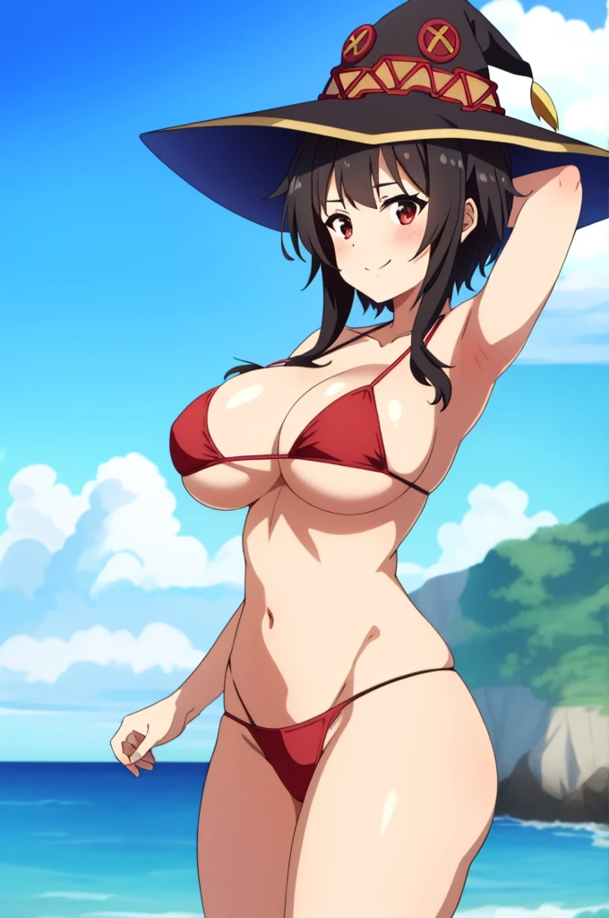 (masterpiece, best quality), intricate details,
1girl, megumin, short hair, hat, witch hat
1girl, solo, breasts, looking_at_viewer, smile, large_breasts, cleavage, bare_shoulders, collarbone, standing, hands behind head, thick thighs, thong underwear, from_below, breasts, large breasts, big breasts, huge breasts, big tits, giant breasts, small bikini, bikini, red bikini, bare shoulders, bare arms, beach, ocean, underboob, island background