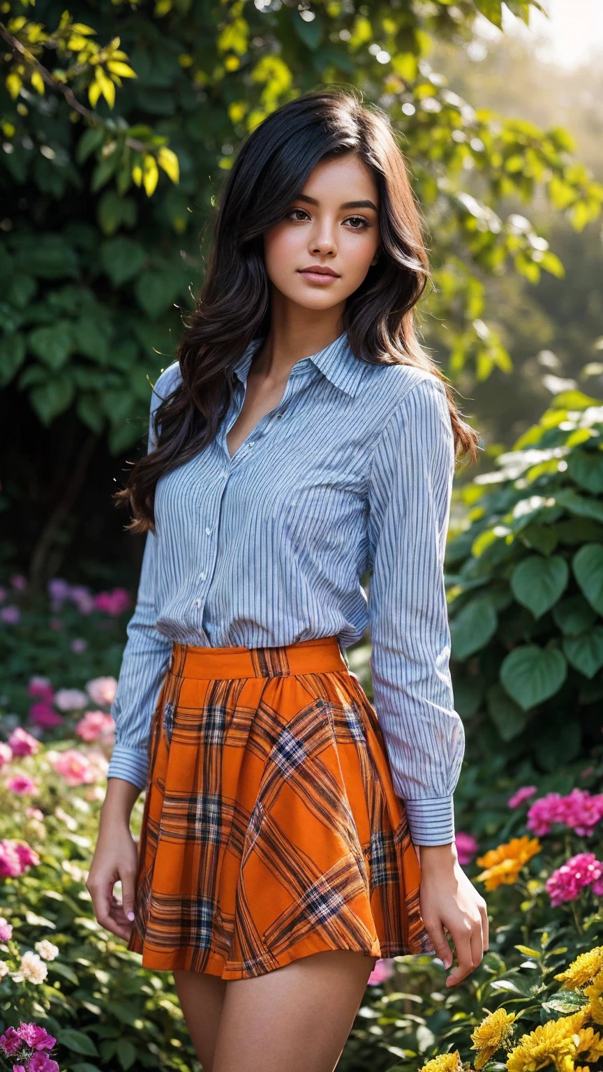 A beautiful young woman stands amidst a swirl of vibrant, oversized flowers. She wears a short orange and black plaid mini skirt that flutters in the breeze, paired with a stylish striped shirt. Her long, dark hair flows dramatically behind her, caught in the same wind. The image is saturated with color and high in contrast, with the woman and flowers in sharp focus and bathed in bright light. Behind her, a dreamy mist softens the background, adding depth and mystery. Her face is clearly visible and well-defined, capturing her captivating expression as she's surrounded by the lush, detailed flora.