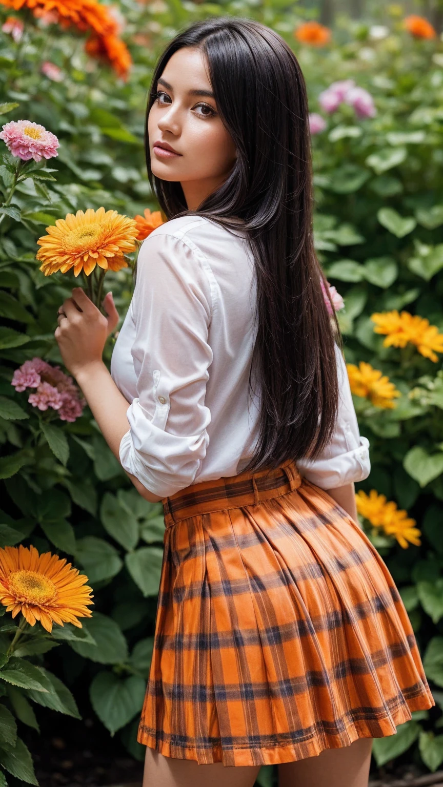 A beautiful young woman stands amidst a swirl of vibrant, oversized flowers. She wears a short orange and black plaid mini skirt that flutters in the breeze, paired with a stylish striped shirt. Her long, dark hair flows dramatically behind her, caught in the same wind. The image is saturated with color and high in contrast, with the woman and flowers in sharp focus and bathed in bright light. Behind her, a dreamy mist softens the background, adding depth and mystery. Her face is clearly visible and well-defined, capturing her captivating expression as she's surrounded by the lush, detailed flora.