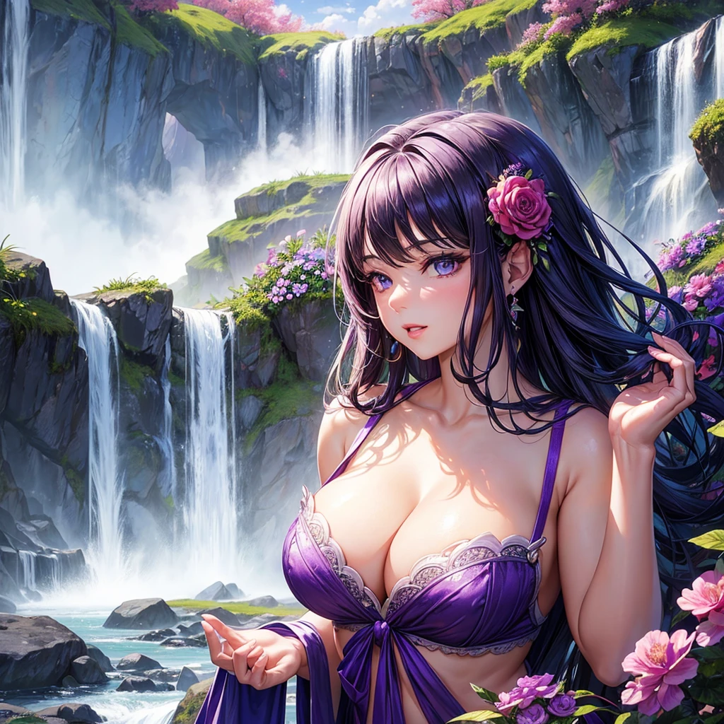 Make an image of a beautiful and pretty woman holding a purple flower, make her look beautiful and pretty, make the background a valley with a waterfall in the background, give a close up of the beautiful woman, make her look hotter and increase her chest size, make her look sexy and attractive, she's a perv 