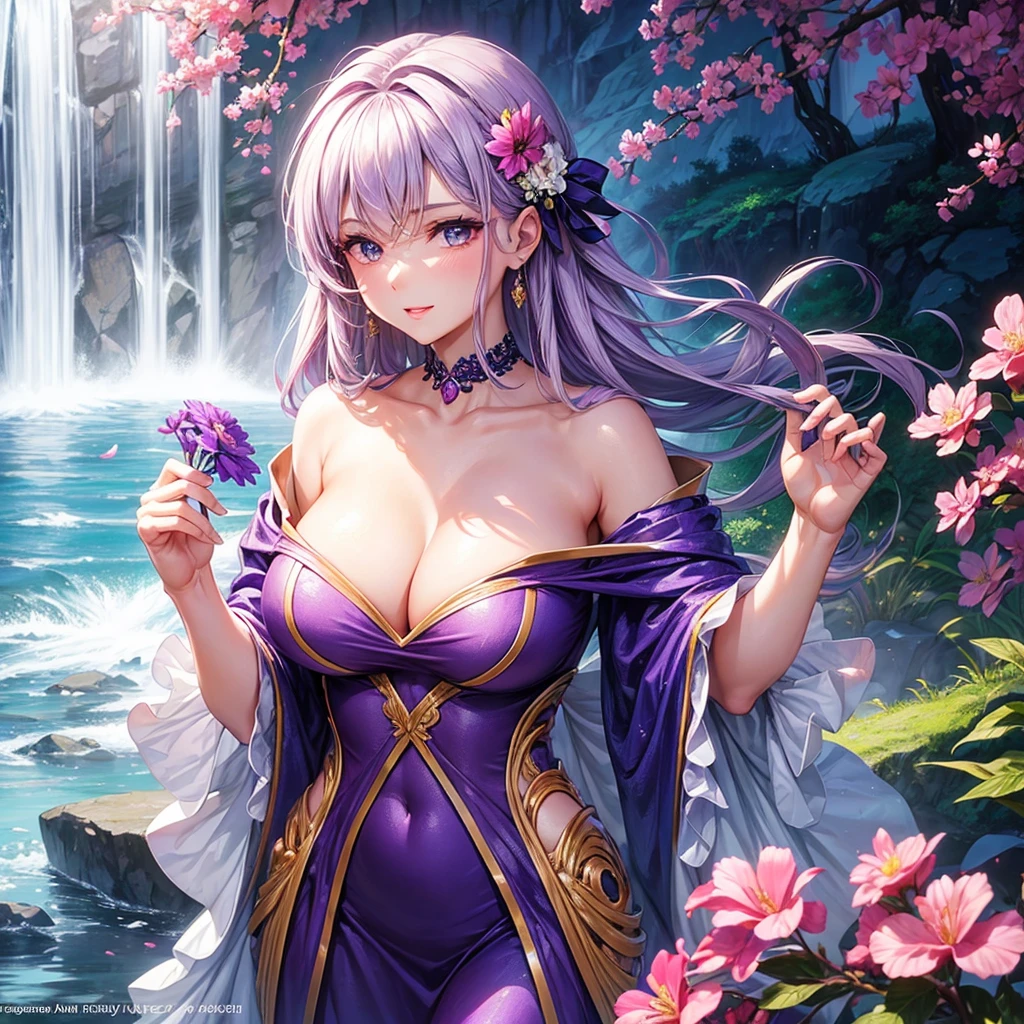 Make an image of a beautiful and pretty woman holding a purple flower, make her look beautiful and pretty, make the background a valley with a waterfall in the background, give a close up of the beautiful woman, make her look hotter and increase her chest size, make her look sexy and attractive, she's a perv