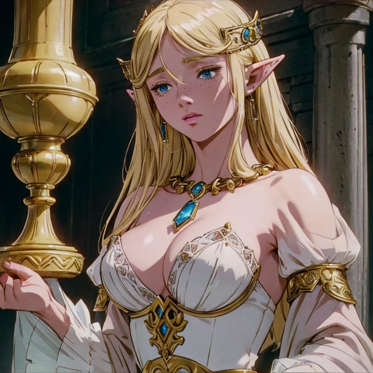 a beautiful blonde woman with elf ears and freckles, beautiful jeweled necklace, detailed face, detailed eyes, detailed lips, detailed and sensual body, large breasts, hourglass waist, fantasy character, super detailed, highly detailed, photorealistic, 8k, intricate details, cinematic lighting, dramatic lighting, warm color tones, magical, ethereal