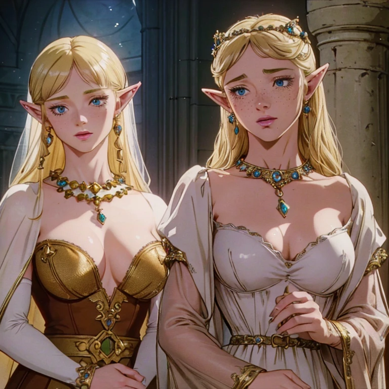 a beautiful blonde woman with elf ears and freckles, beautiful jeweled necklace, detailed face, detailed eyes, detailed lips, detailed and sensual body, large breasts, hourglass waist, fantasy character, super detailed, highly detailed, photorealistic, 8k, intricate details, cinematic lighting, dramatic lighting, warm color tones, magical, ethereal
