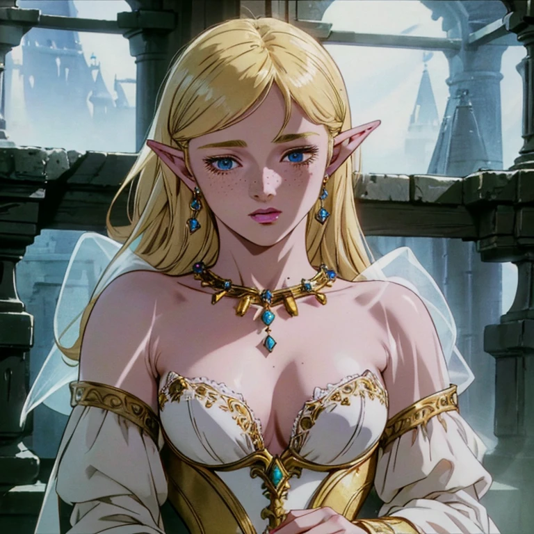 a beautiful blonde woman with elf ears and freckles, beautiful jeweled necklace, detailed face, detailed eyes, detailed lips, detailed and sensual body, large breasts, hourglass waist, fantasy character, super detailed, highly detailed, photorealistic, 8k, intricate details, cinematic lighting, dramatic lighting, warm color tones, magical, ethereal