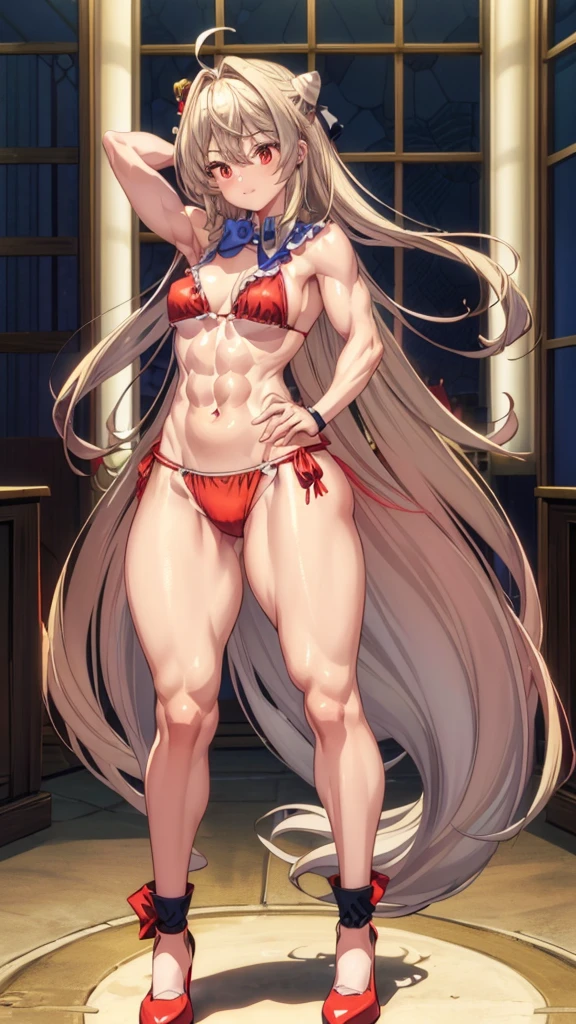 (((1 ta girl))), when he plows, (Red eyes: 1.5), blond hair, Long hair, conical hair bun, hair ornament, hair shots, Ahoge, fringe, blue bow tie, (Wearing a very sexy and short red bikini), has, (muscular belly), muscular abs, Wide hips, Thin waist, small breasts, (((posing sexy))), wearing black heels, (((standing)) ), {{{Full body photo}}}, Cheerful and funny, REST looking at the viewer , breaking and entering, classroom, interval (masterpiece: 1.2), Best Quality, highest resolution, unity wallpaper 8k, (illustration: 0.8), (beautiful detailed eyes: 1,6), extremely detailed face, perfect lighting, Extremely detailed CG, (perfect anatomy), {anatomically correct}