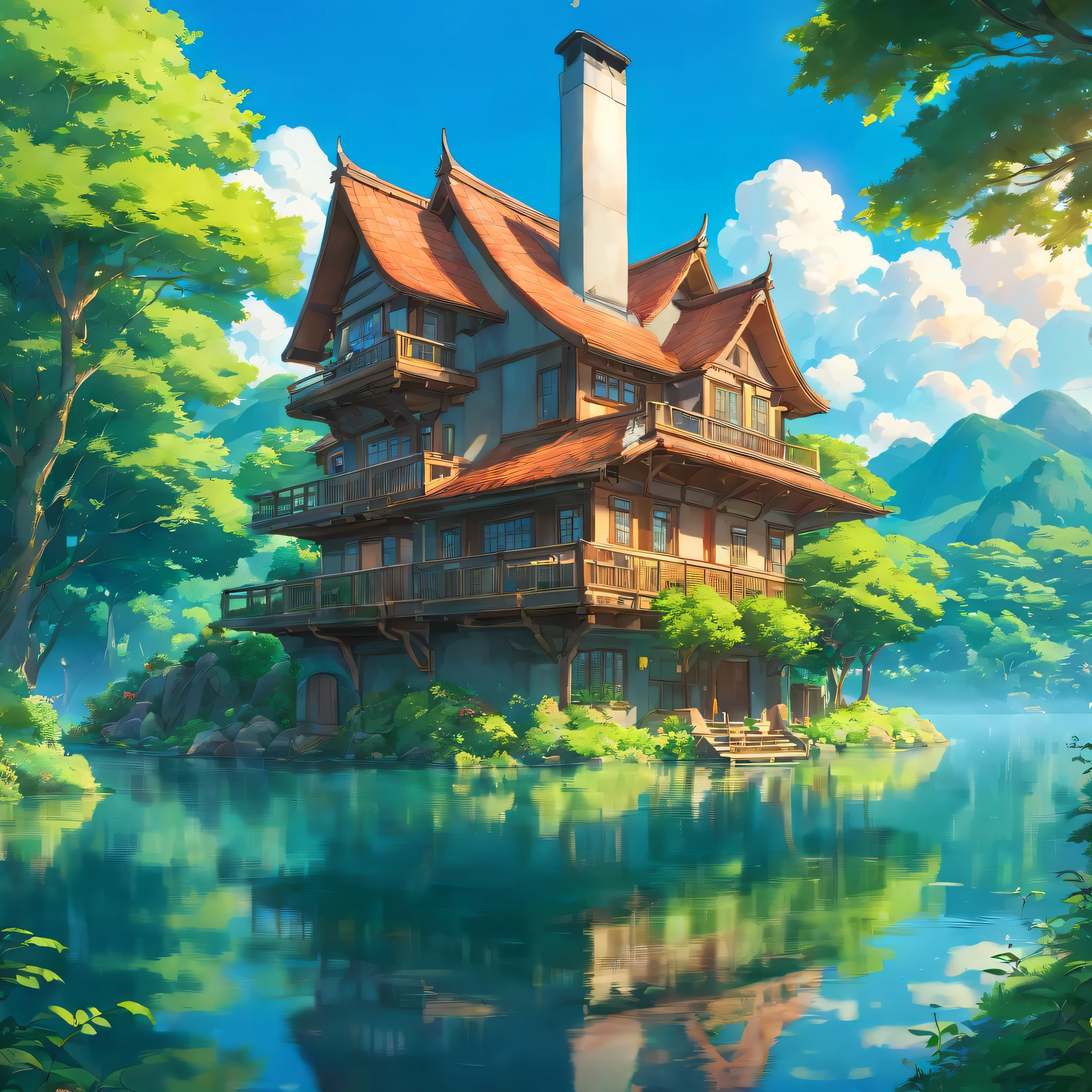a house floating on calm water, beautiful detailed house, reflection of the house on the water, wooden house, windows, chimney, surrounding nature, lush greenery, tall trees, blue cloudy sky, sunlight rays, peaceful atmosphere, photorealistic, ultra-detailed, 8k, best quality, masterpiece