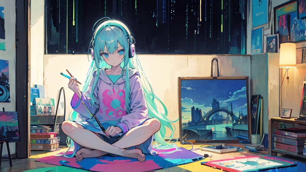 European hippie girl meditating in her room, dream, Please wear headphones., night light, Neon landscape on a rainy day, Analog color theme, Lo-Fi Hip Hop , retrospective exhibition, flat, 2.5D ,Draw a line, ink painting, Osaka Road, Watercolor painting, gouche paint, Studio Ghibli Style, Very bright colors, Outerton, Kraut Lock, Lofiato, 70's style,Old meat, Amplitude,Psychedelic atmosphere, Masterpiece, Amazing technology,sexually,Spread your legs,sexly,The situation is lying about sex..and open the legs. lying down having sex in the vagina. Vagina and female genitals,chest, tits, chestใหญ่,